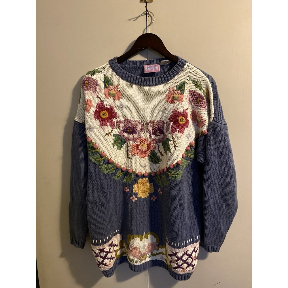Vtg Karuba Hand Knit Floral Sweater Women L Pastel Pom Pom Coquette Cottage 90s